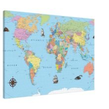 A colorful political world map on canvas featuring vintage-style illustrations of sailing ships and sea creatures.
