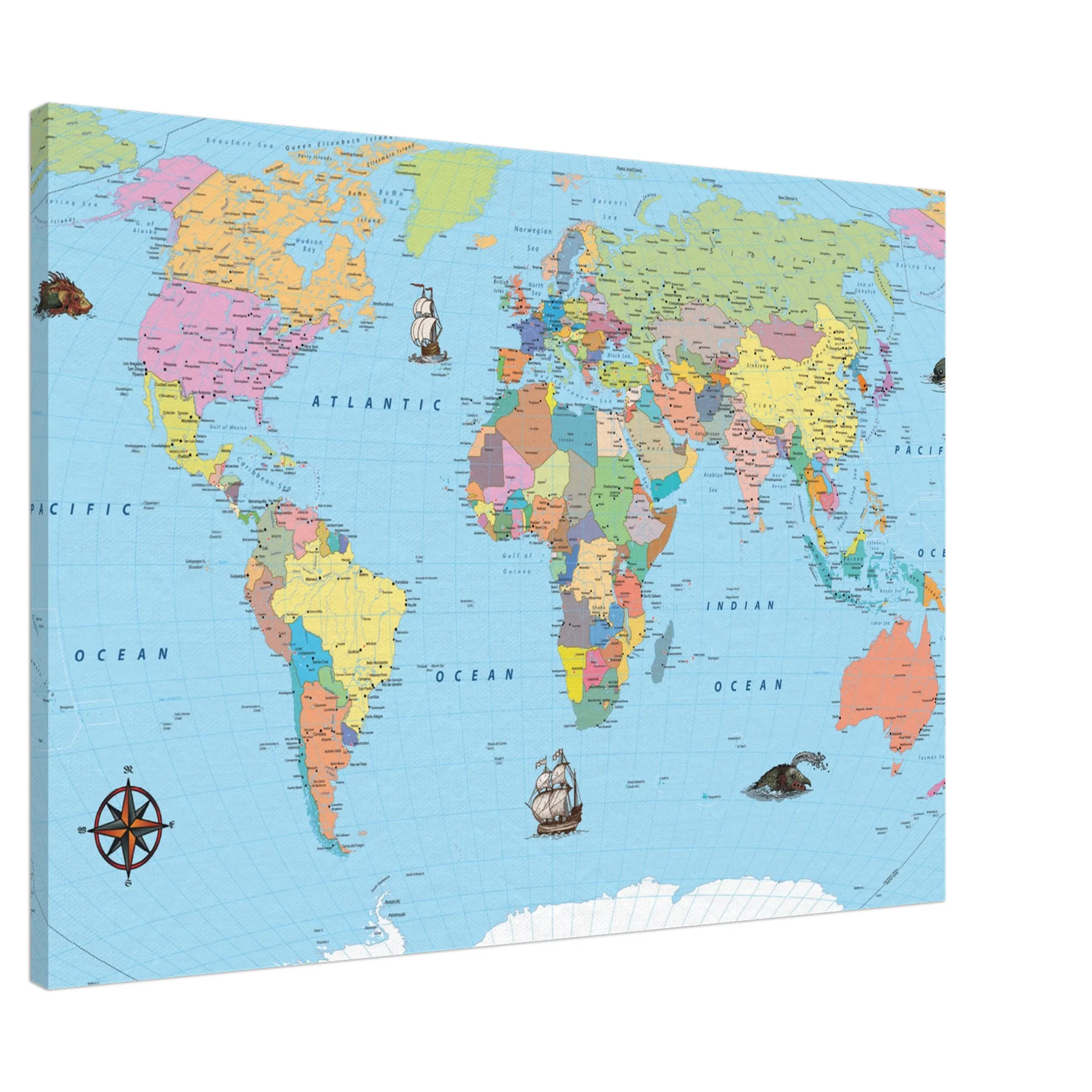 A colorful political world map on canvas featuring vintage-style illustrations of sailing ships and sea creatures.