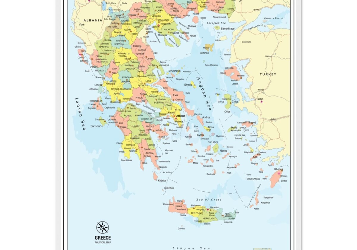 Political Map of Greece with Prefectures & Capitals - Fine Art Framed Poster