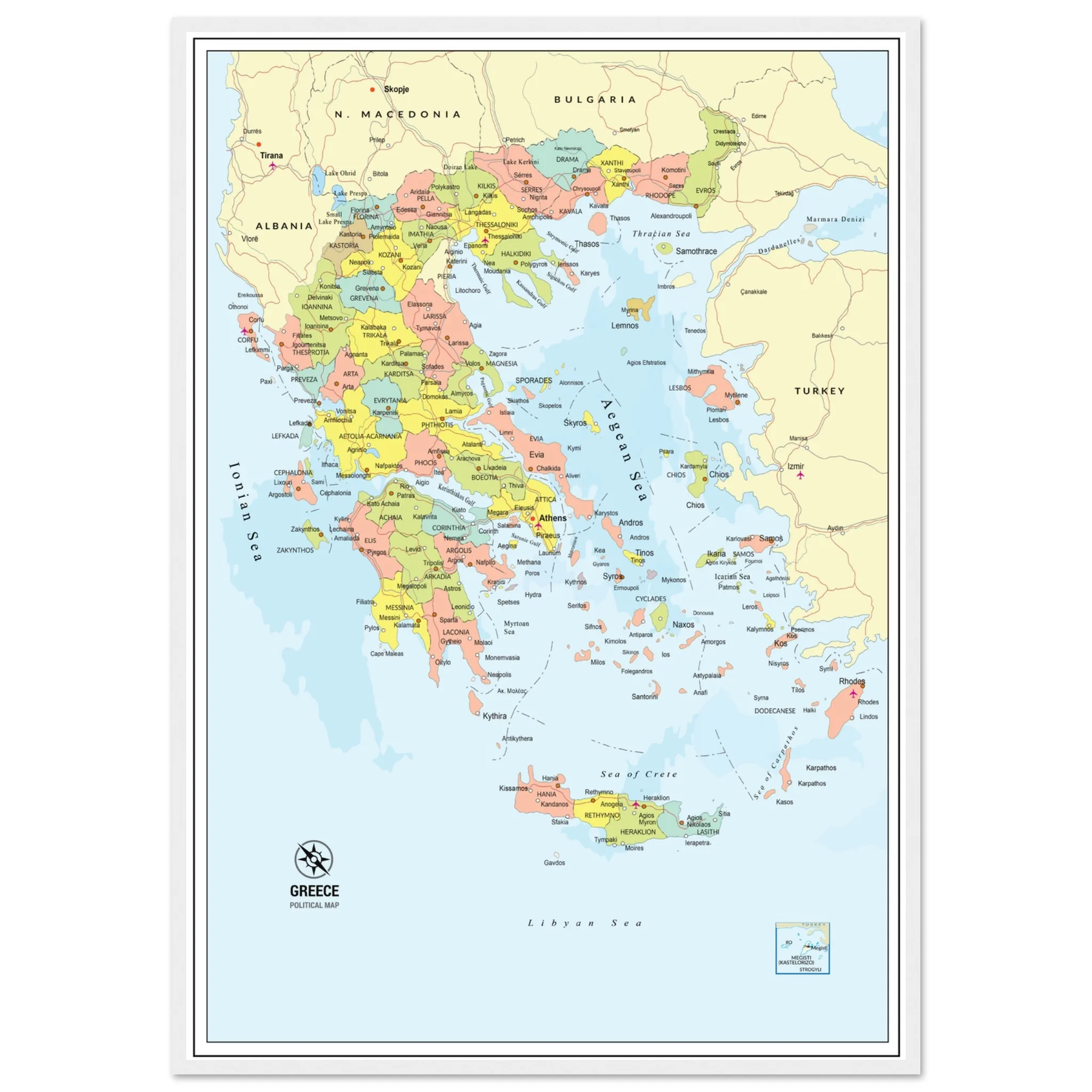 Political Map of Greece with Prefectures & Capitals - Fine Art Framed Poster