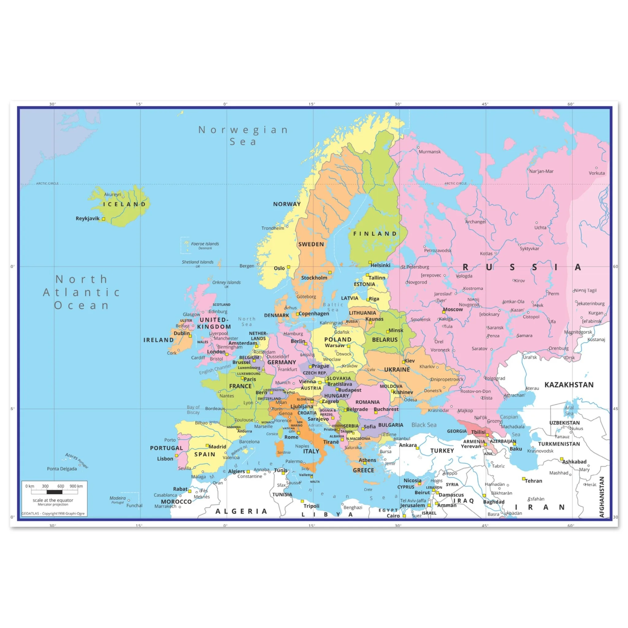 72a21ab9-4449-455a-9e25-311197585786-jpg.webp A detailed political wall map of Europe showing national borders, major cities, and bodies of water in color.