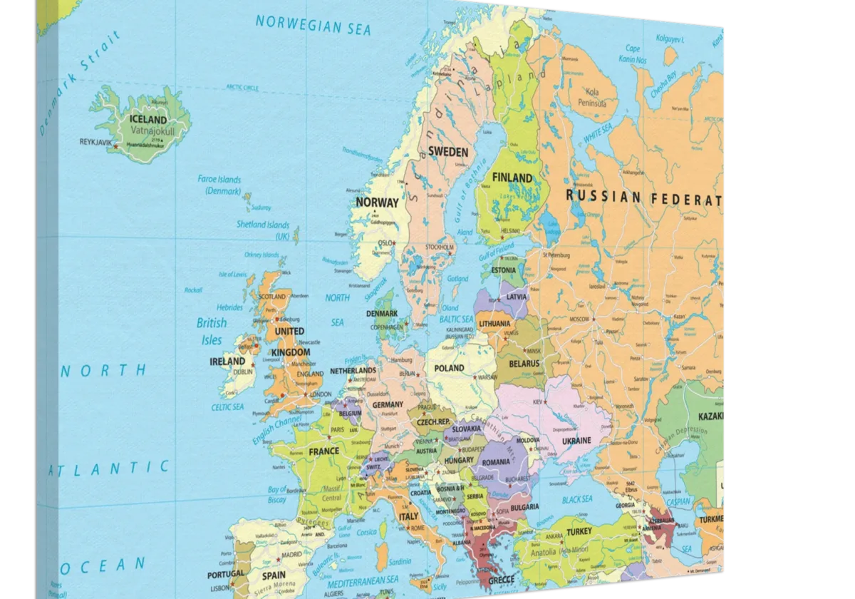 Political map of Europe showing countries, capitals, borders, and major cities. Political map of Europe showing countries, capitals, borders, and major cities.