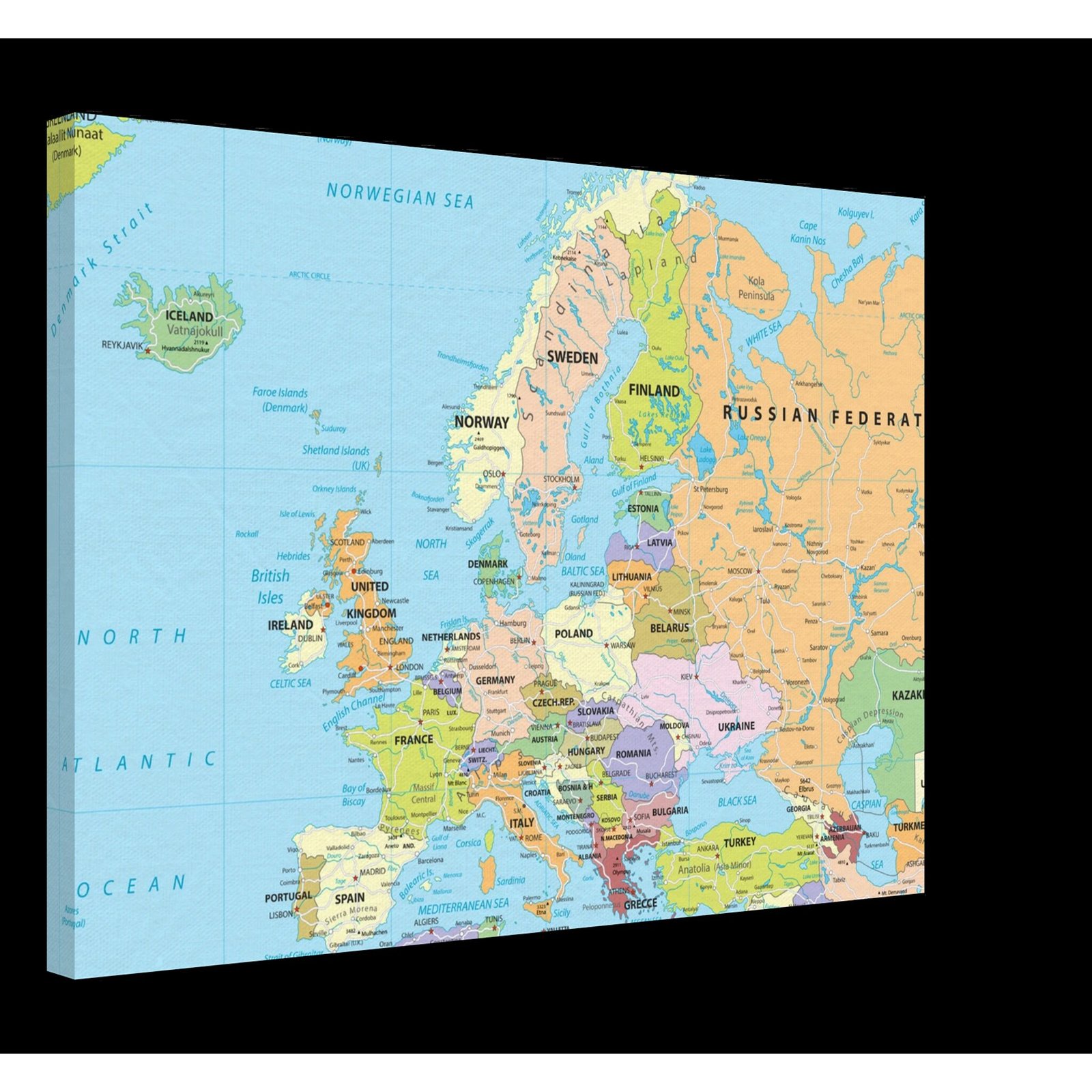 Political map of Europe showing countries, capitals, borders, and major cities.