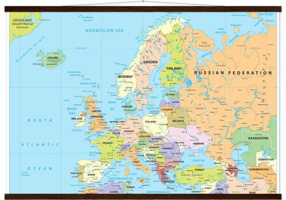 Political map of Europe showing countries, capitals, borders, and major cities. Political map of Europe showing countries, capitals, borders, and major cities.