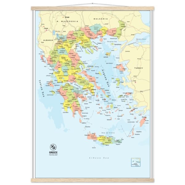 Political Map of Greece with Prefectures & Capitals - Fine Art Framed Poster