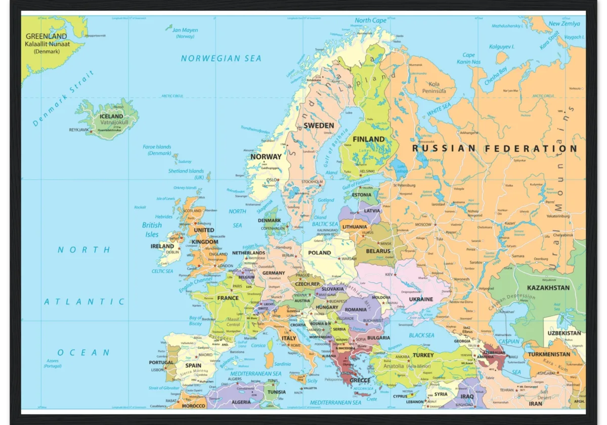 Political map of Europe showing countries, capitals, borders, and major cities. Political map of Europe showing countries, capitals, borders, and major cities.