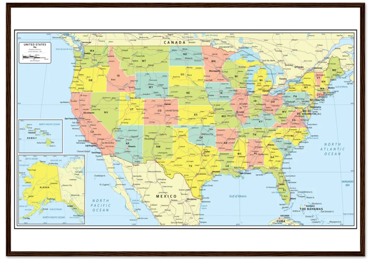 Detailed political map of the United States showing all states, capitals, major cities, and smaller towns.