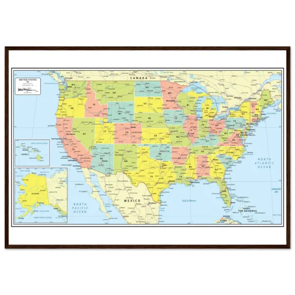 Detailed political map of the United States showing all states, capitals, major cities, and smaller towns.