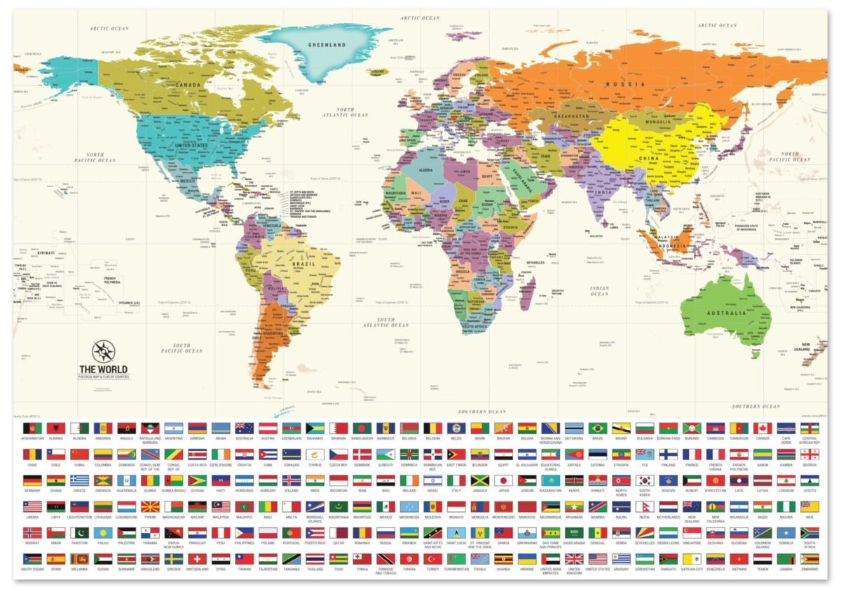 81fa1a53-451b-469a-b190-a6cb55085d4e-jpg.webp A detailed political world map on a foam board, featuring colorful countries and a grid of national flags at the bottom.