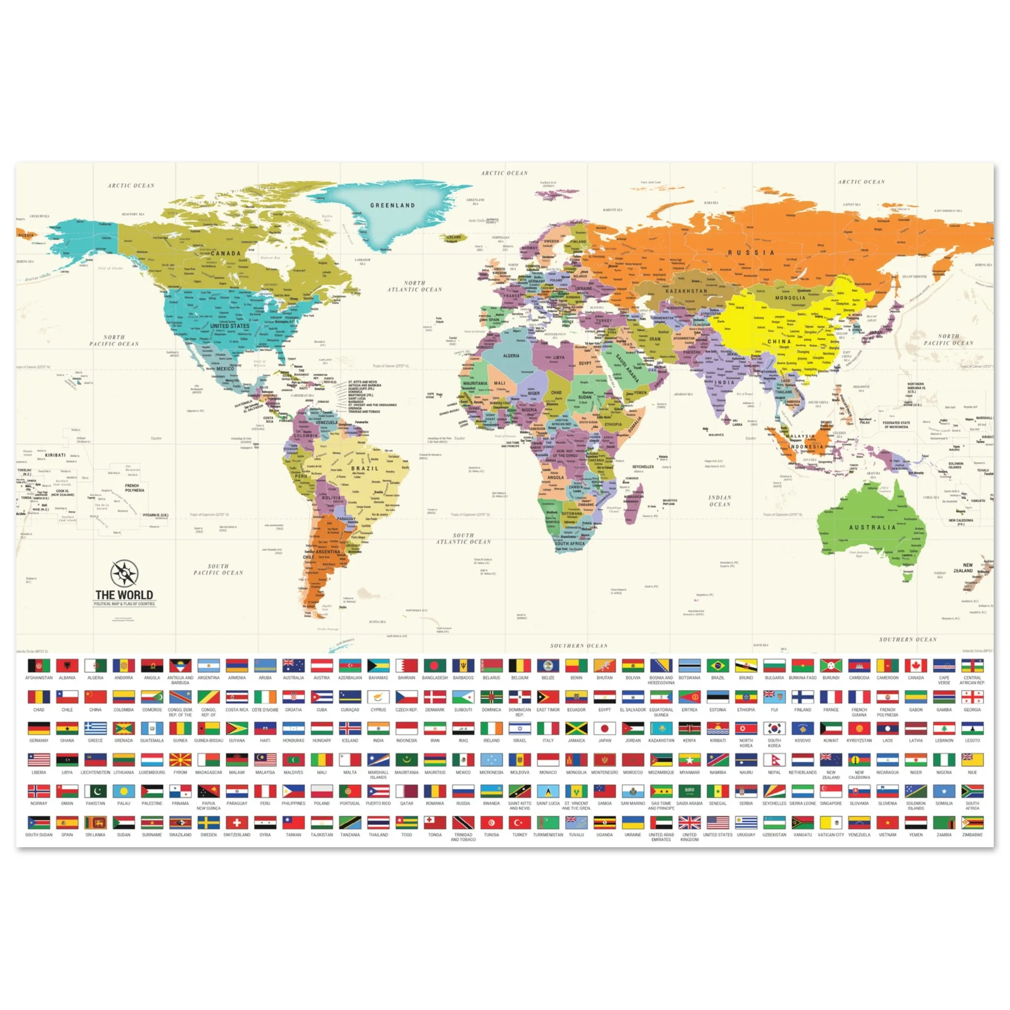 A detailed political world map on a foam board, featuring colorful countries and a grid of national flags at the bottom.