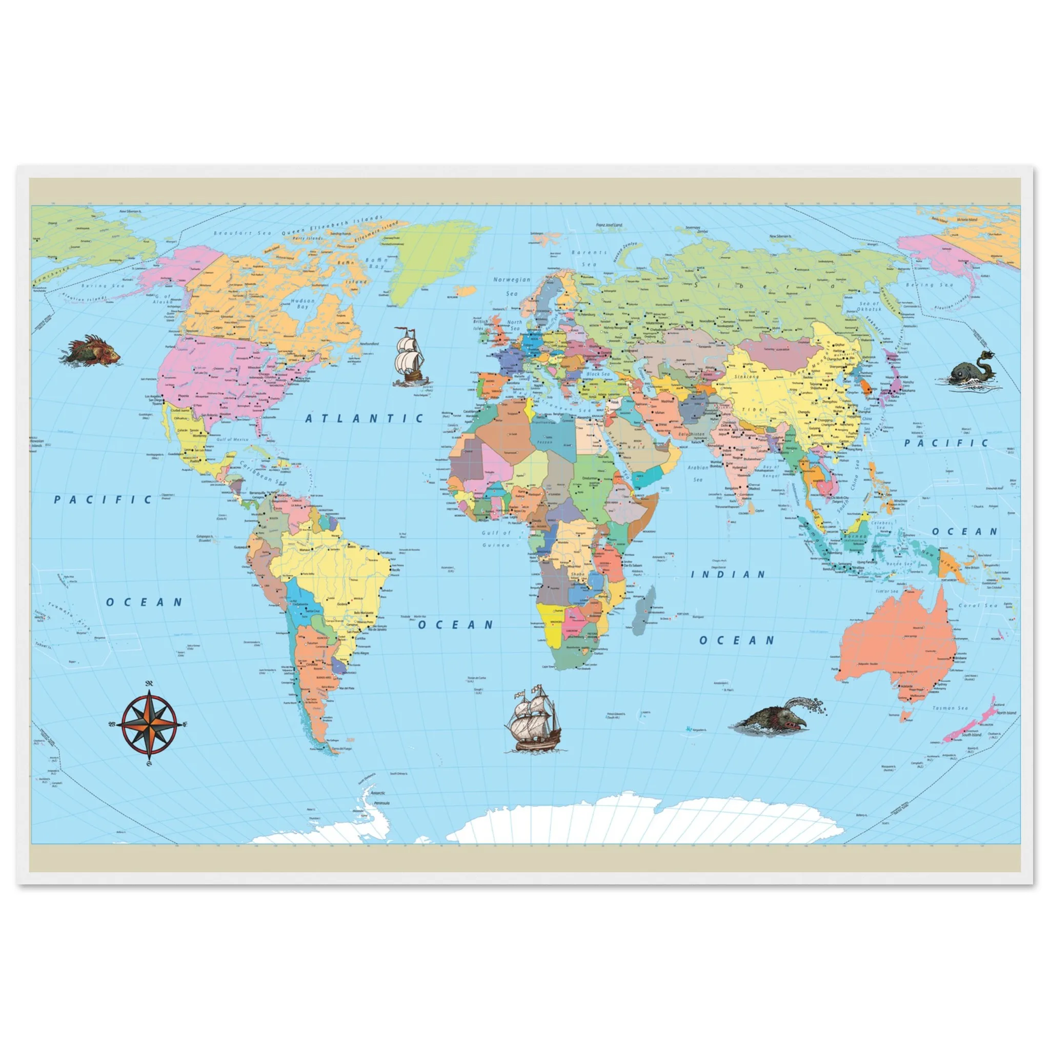 84cdaeca-9104-4579-ae1c-71f224f07c42-jpg.webp A colorful political world map in a wooden frame, featuring vintage-style illustrations of ships and sea creatures.
