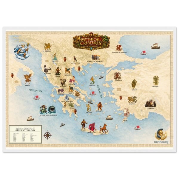 Mythical Creatures of Ancient Greece Map – Illustrated Greek Mythology Wall Art - Classic Semi-Glossy Paper Wooden Framed Poster