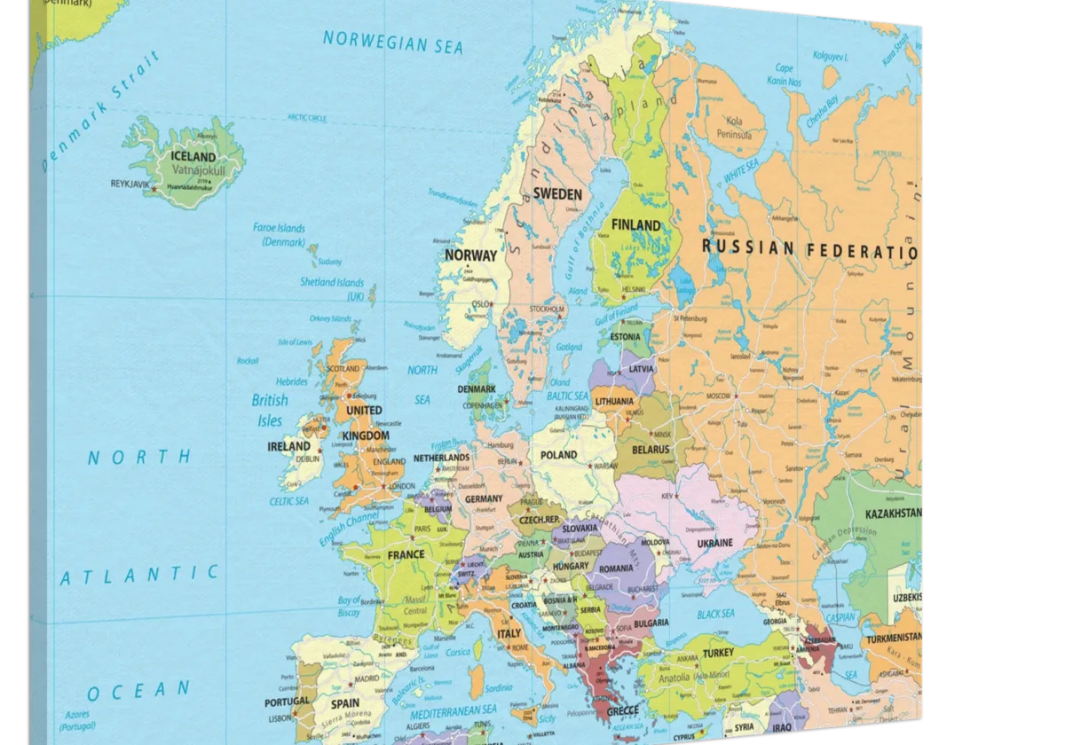 Political map of Europe showing countries, capitals, borders, and major cities. Political map of Europe showing countries, capitals, borders, and major cities.