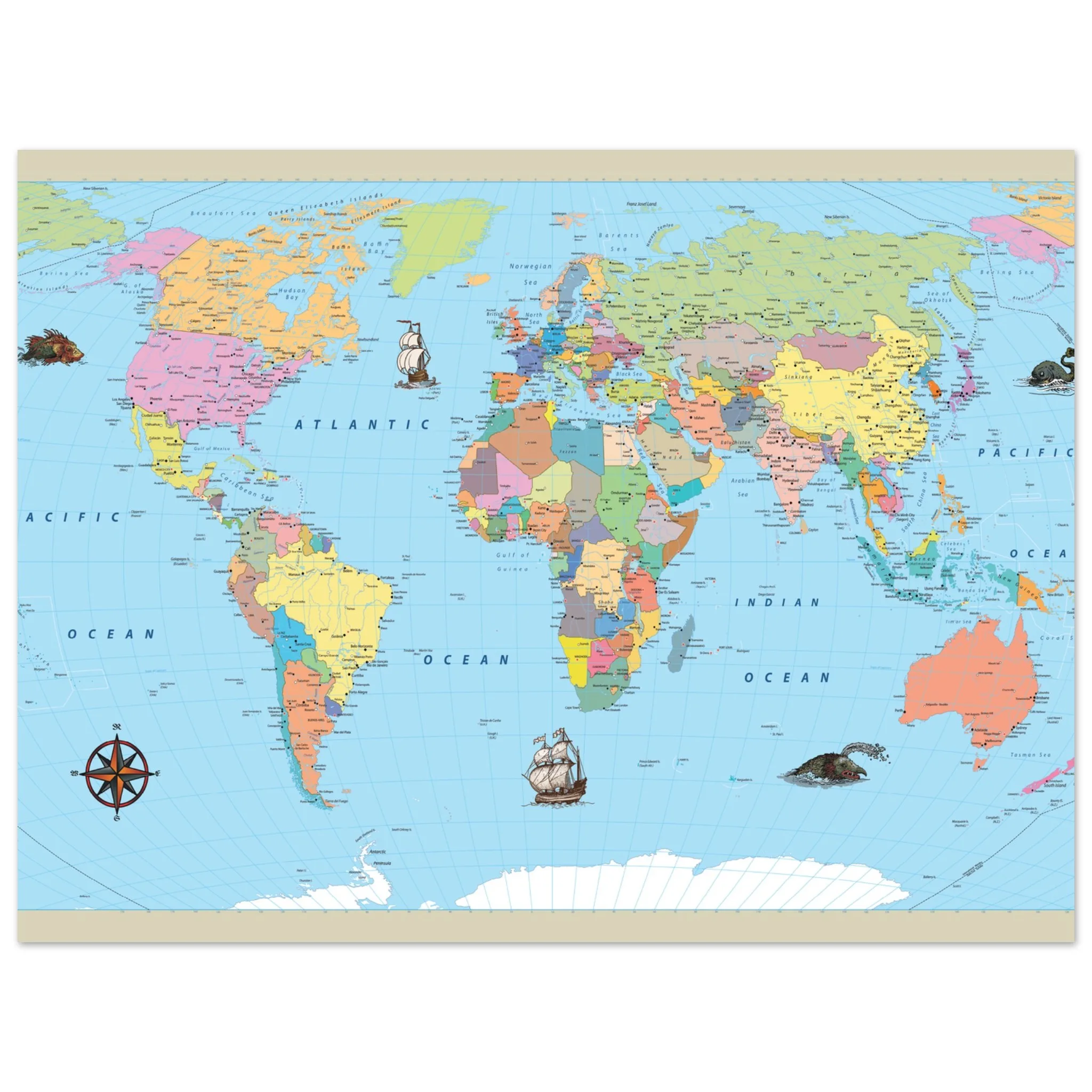 A colorful political world map featuring vintage-style illustrations of sailing ships and sea creatures in the oceans.