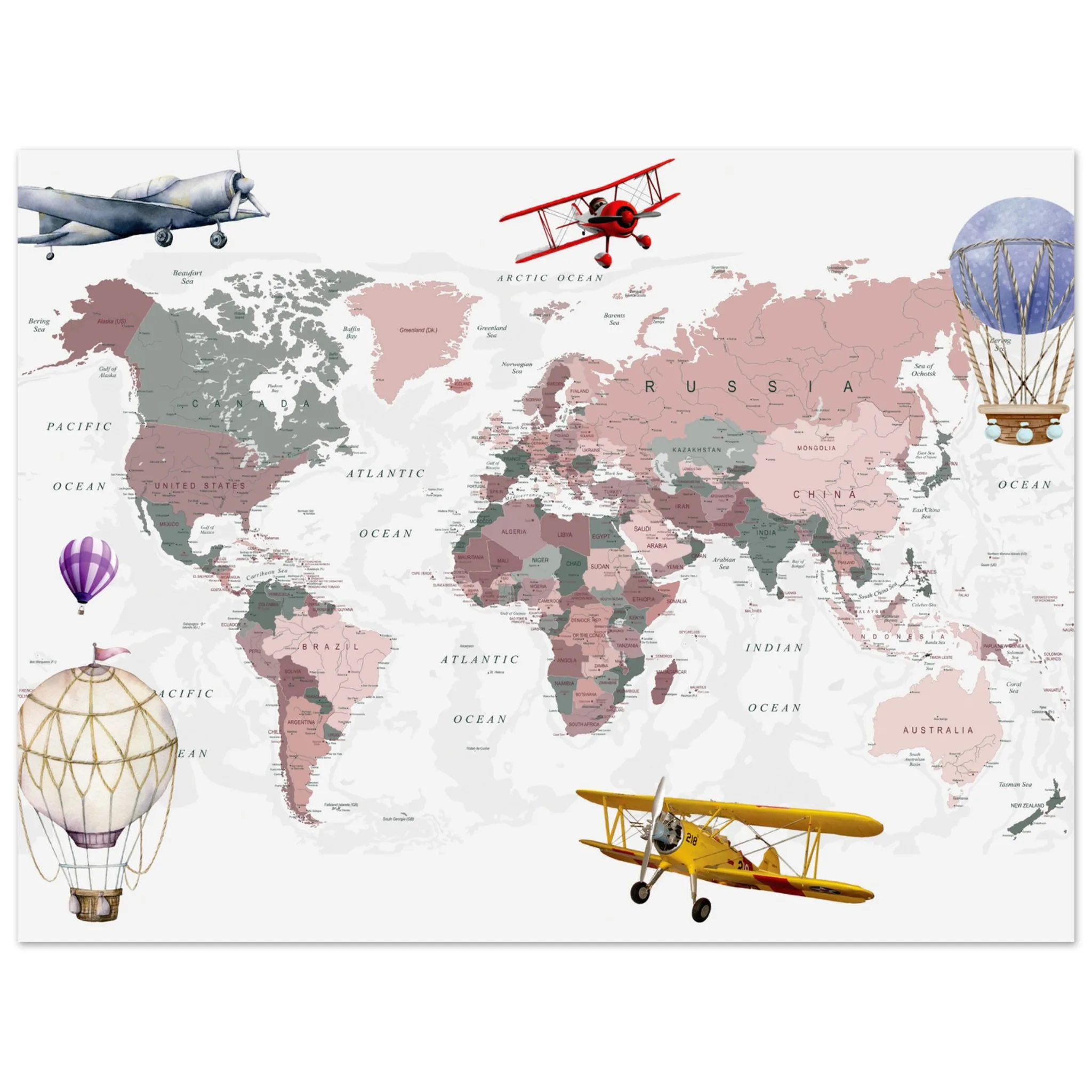 90815a43-1d03-441f-a810-cf65663fab33-jpg.webp A world map for kids featuring muted pink and grey continents, decorated with vintage airplanes and hot air balloons.