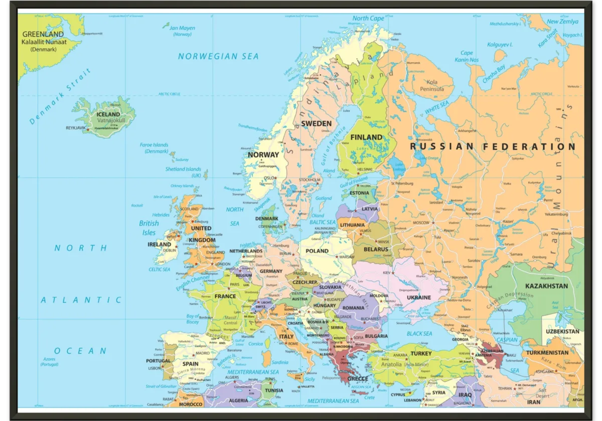 Political map of Europe showing countries, capitals, borders, and major cities. Political map of Europe showing countries, capitals, borders, and major cities.