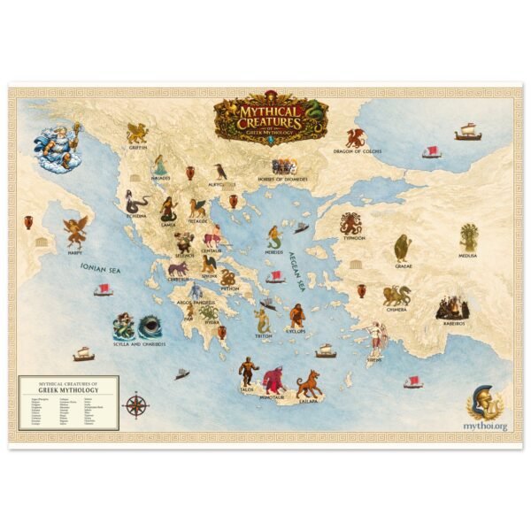 Mythical Creatures of Ancient Greece Map – Illustrated Greek Mythology Wall Art - Fine Art Poster