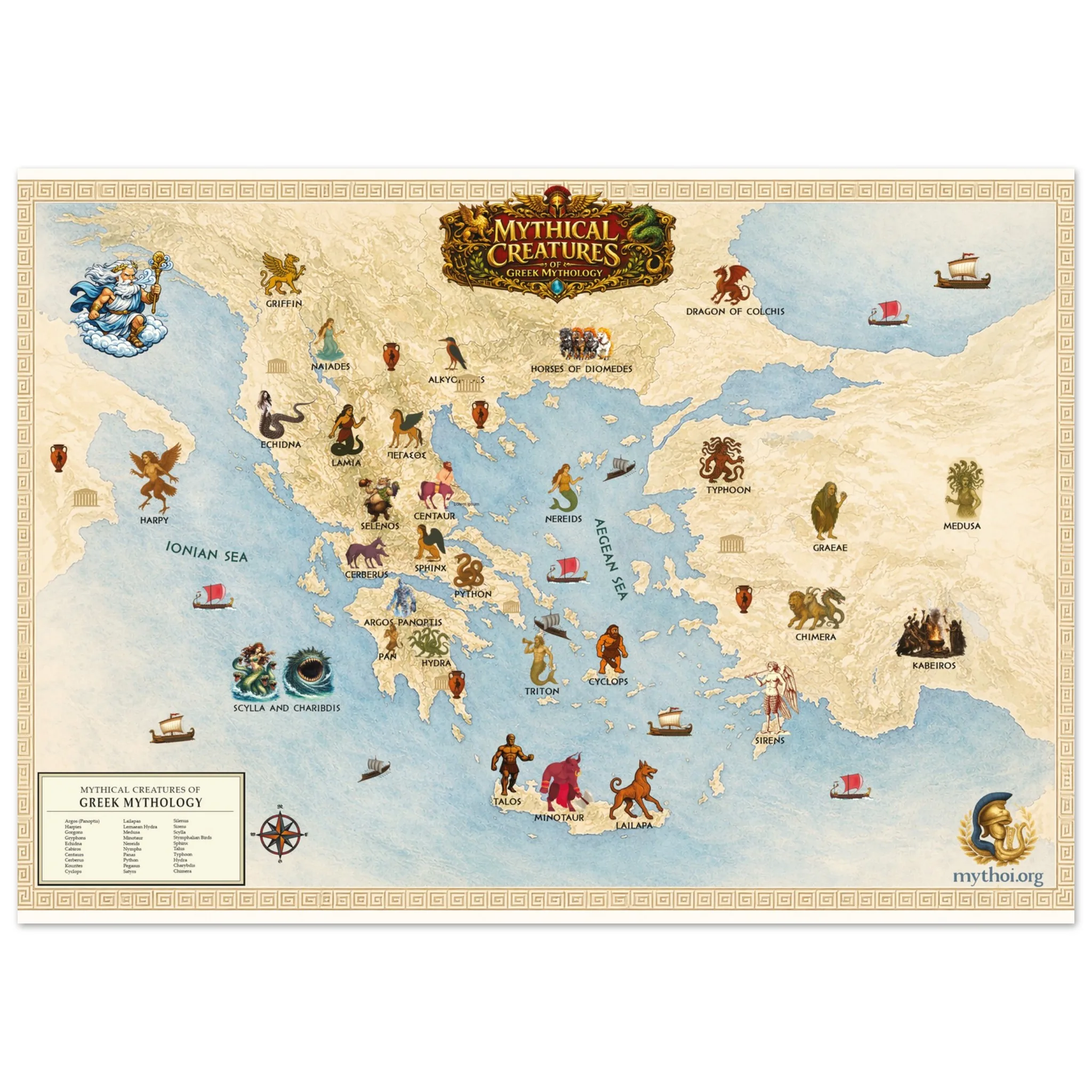 Mythical Creatures of Ancient Greece Map – Illustrated Greek Mythology Wall Art - Fine Art Poster