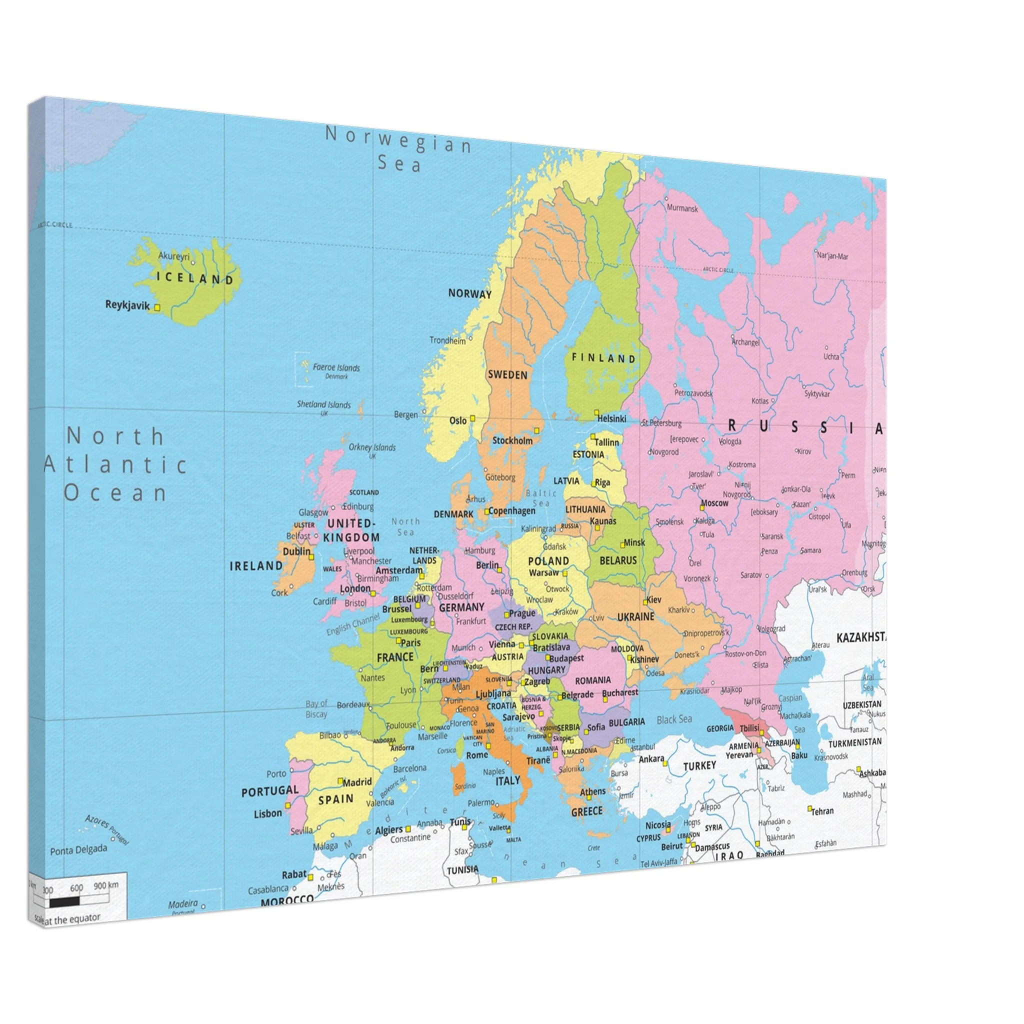 96612d9f-c315-46af-9a37-aecb79dab29b-jpg.webp A canvas wall map of Europe showing political borders, major cities, and countries in various pastel colors.