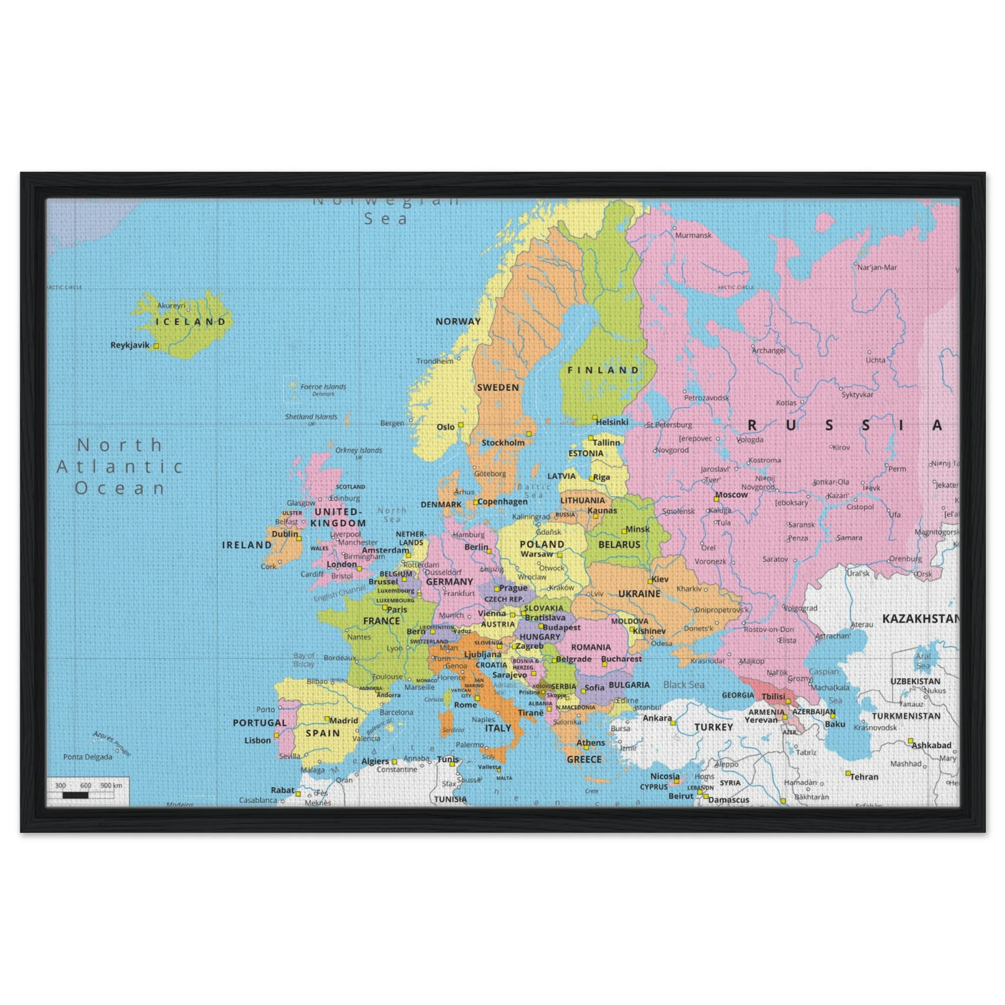 A framed, colorful political map of Europe showing national borders, major cities, and bodies of water on a grid.