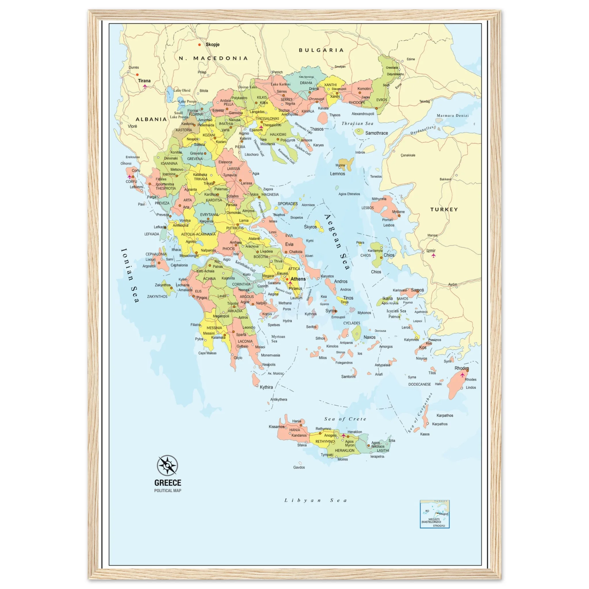 Political Map of Greece with Prefectures & Capitals - Fine Art Framed Poster