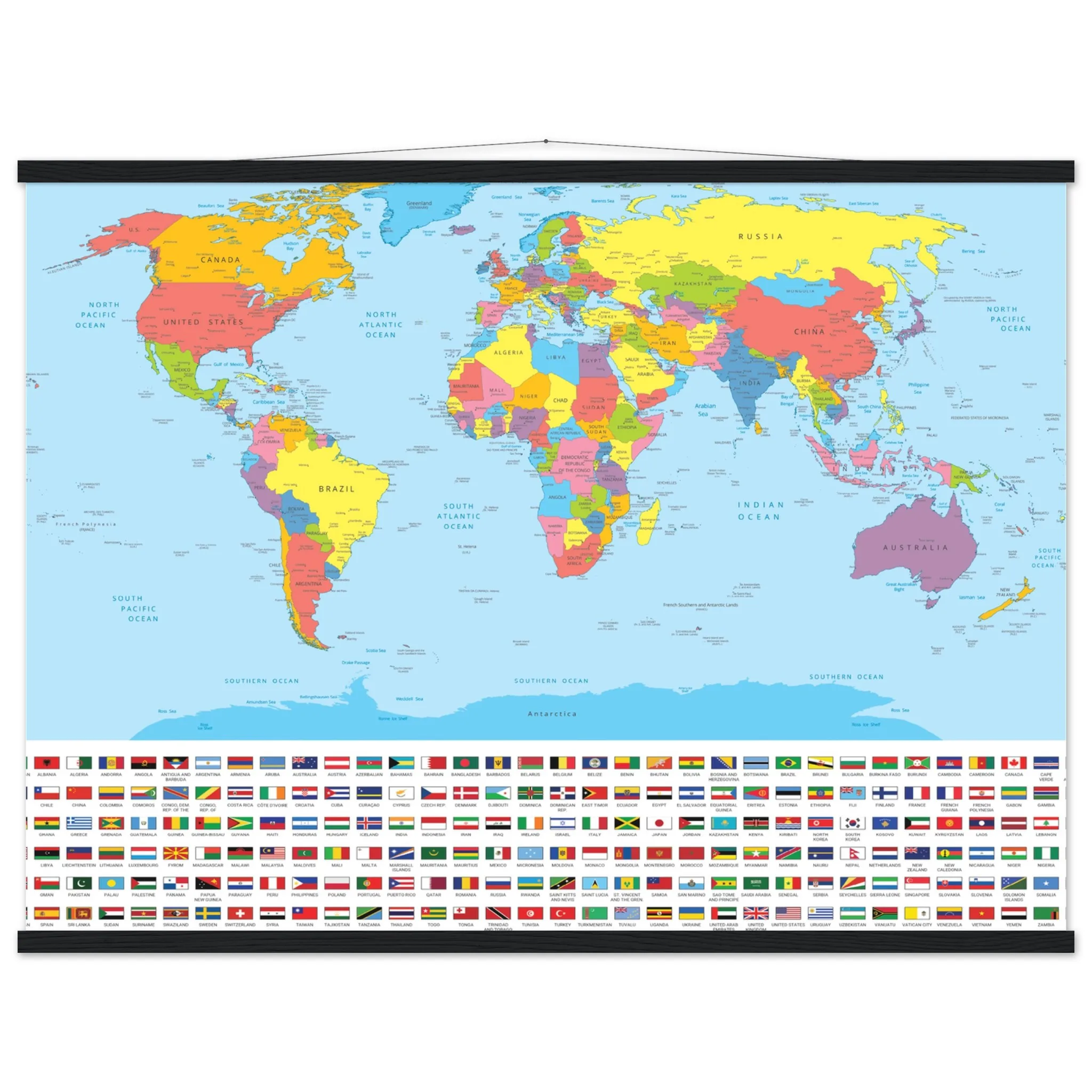 A colorful political world map on a wall hanger, featuring national borders and a grid of world flags at the bottom.