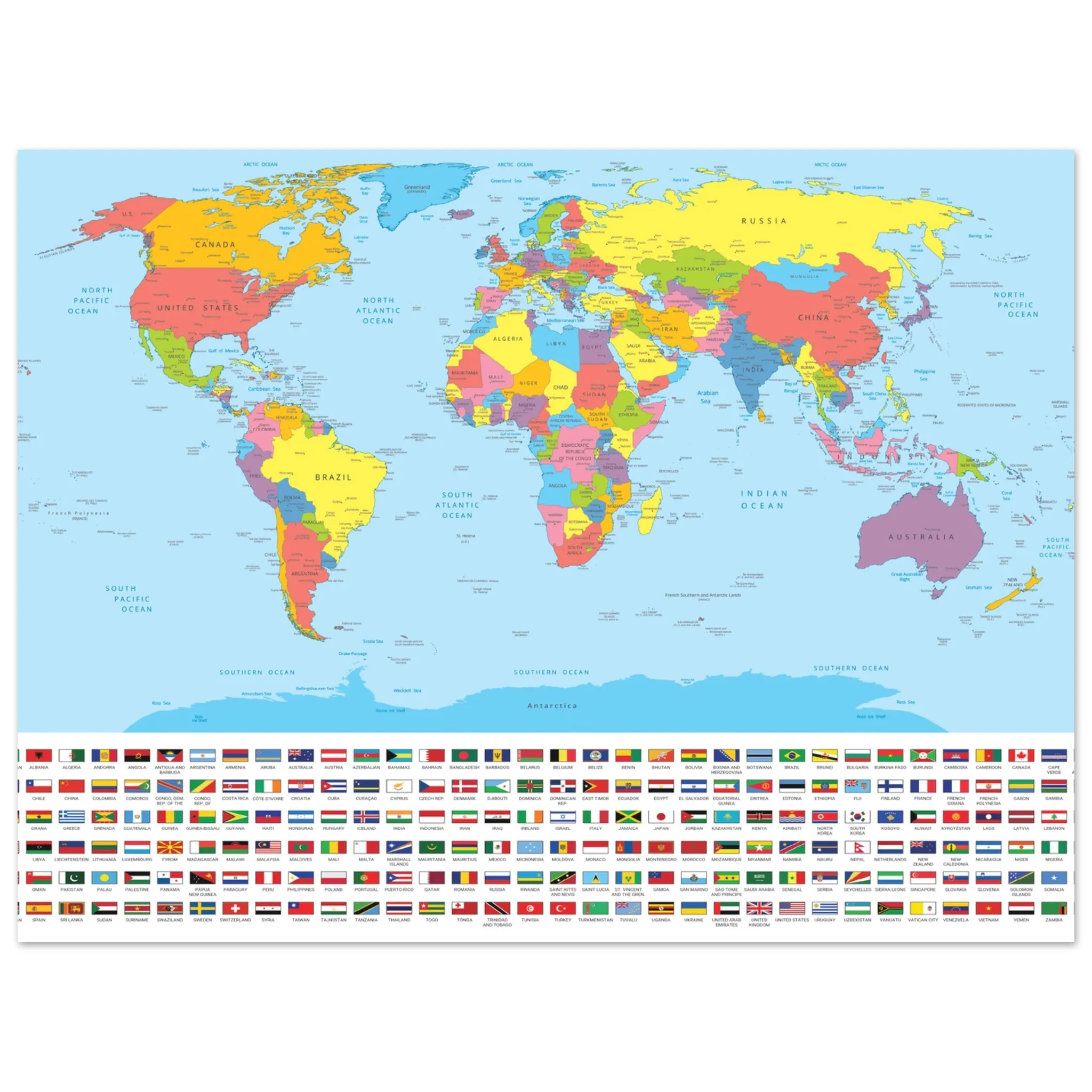 9ba5ddce-debe-4f95-b5c3-c6bee3973bca-jpg.webp A colorful political world map poster featuring labeled countries and a grid of national flags at the bottom.