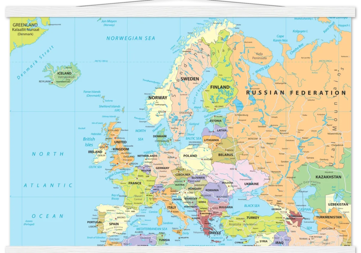 Political map of Europe showing countries, capitals, borders, and major cities. Political map of Europe showing countries, capitals, borders, and major cities.