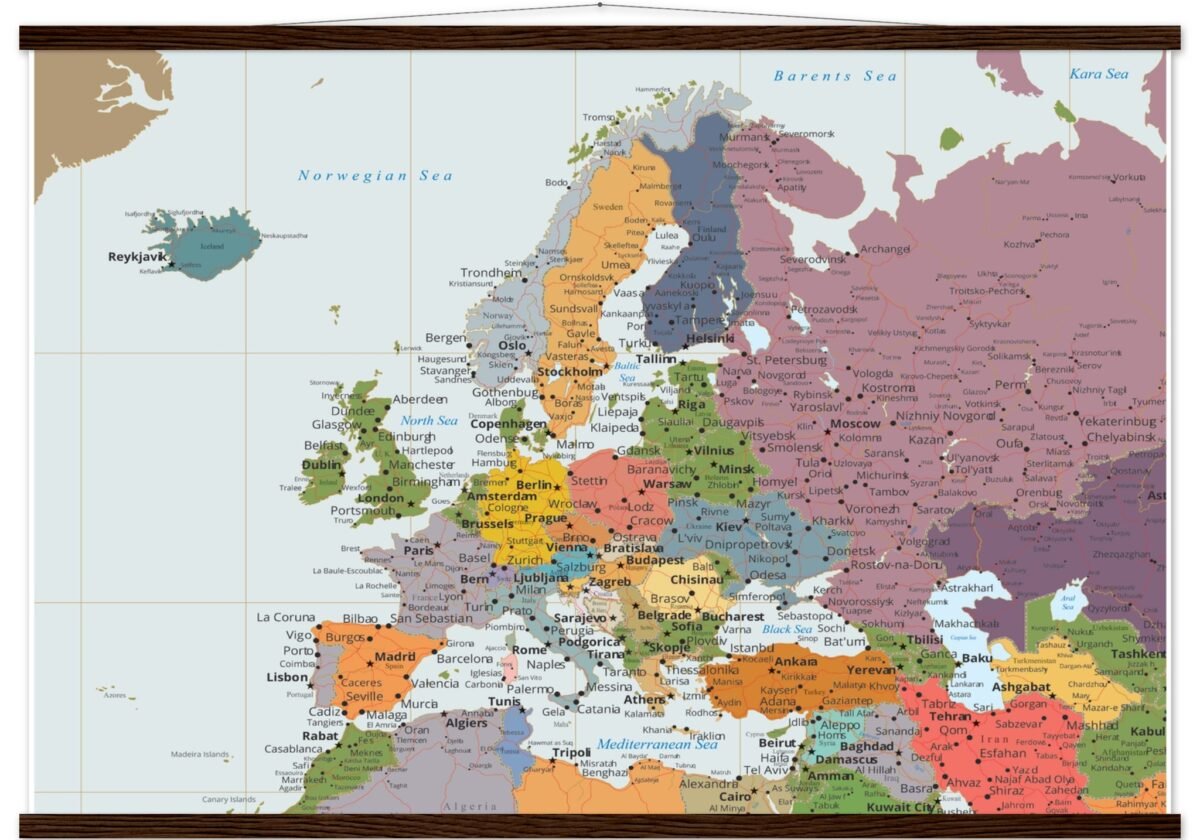 Political map of Europe showing countries, capitals, borders, and major cities.