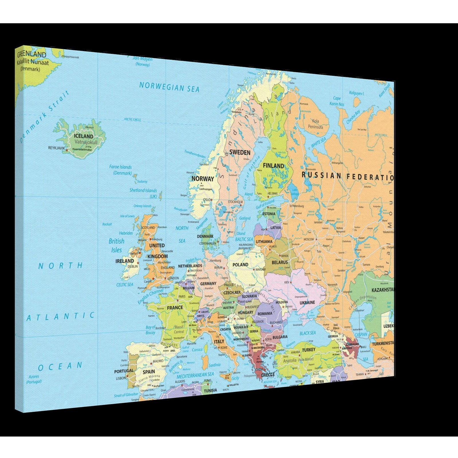 Political map of Europe showing countries, capitals, borders, and major cities.