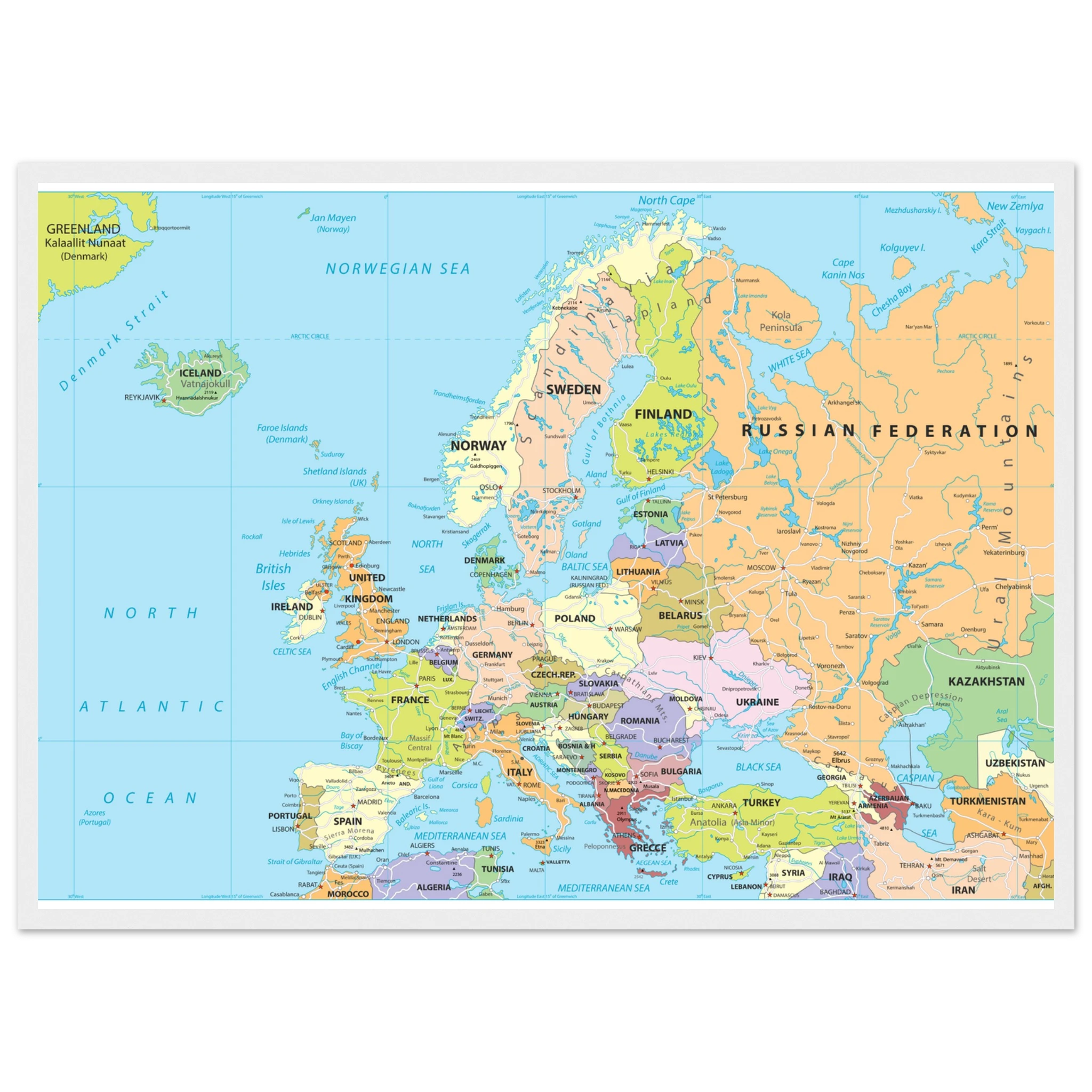 Political map of Europe showing countries, capitals, borders, and major cities. Political map of Europe showing countries, capitals, borders, and major cities.