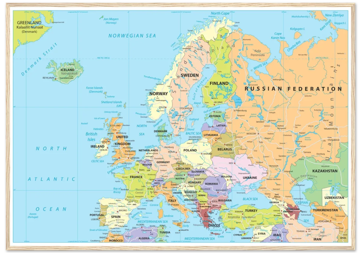 Political map of Europe showing countries, capitals, borders, and major cities. Political map of Europe showing countries, capitals, borders, and major cities.