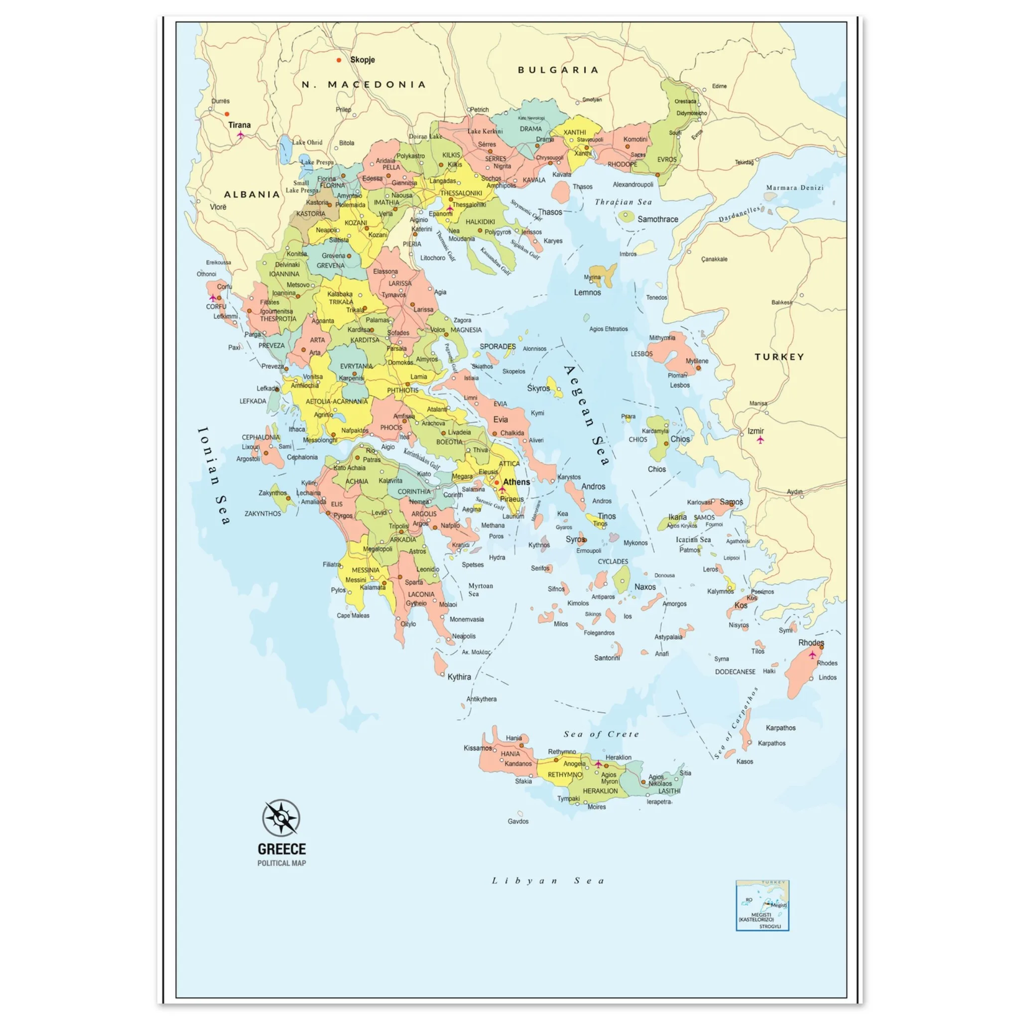 Political Map of Greece with Prefectures & Capitals - Foam Portrait Political Map of Greece with Prefectures & Capitals - Foam Portrait