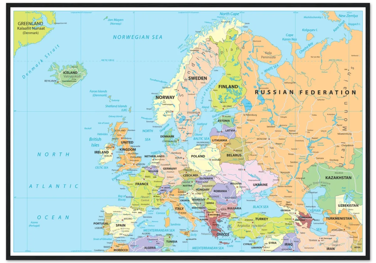Political map of Europe showing countries, capitals, borders, and major cities. Political map of Europe showing countries, capitals, borders, and major cities.