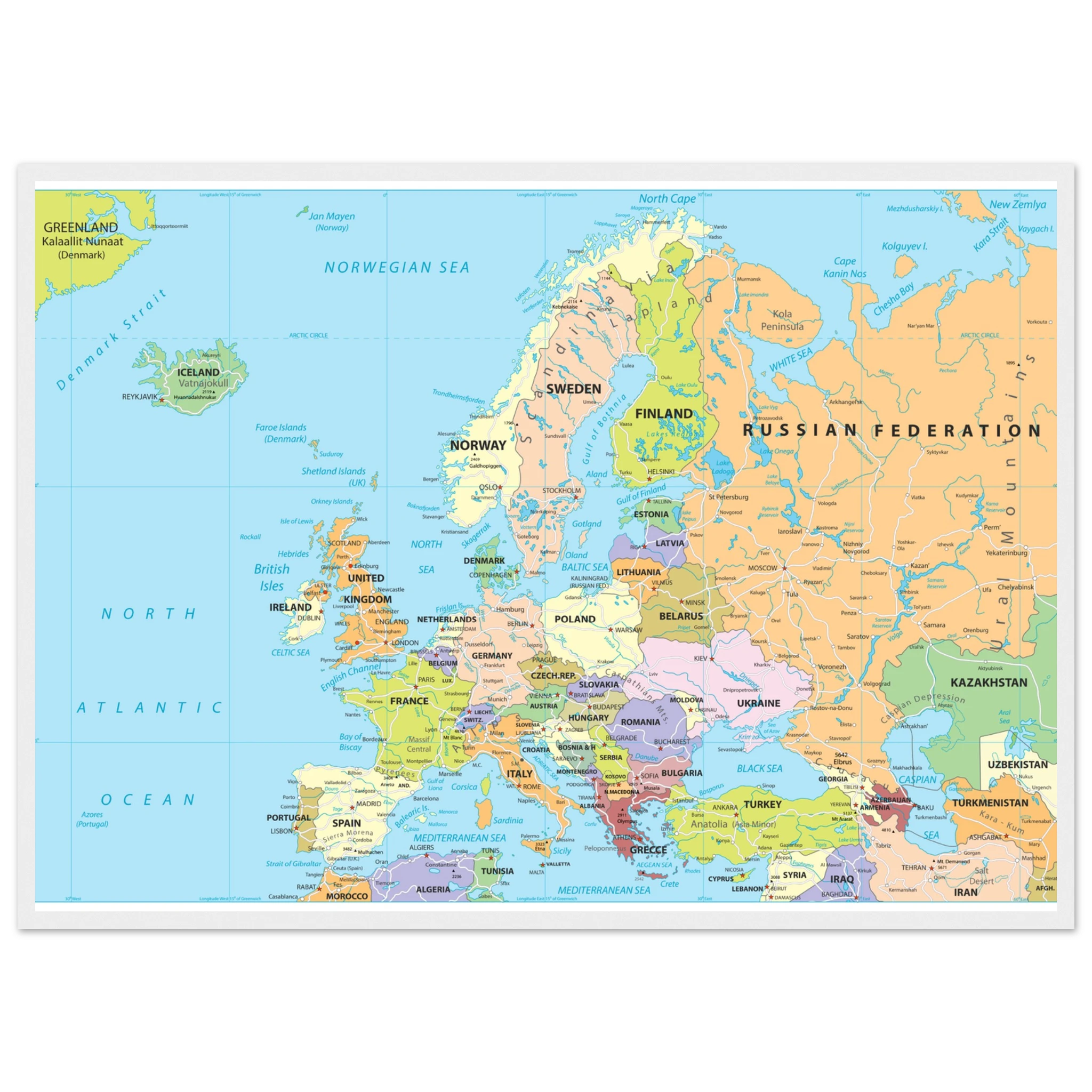 Political map of Europe showing countries, capitals, borders, and major cities. Political map of Europe showing countries, capitals, borders, and major cities.