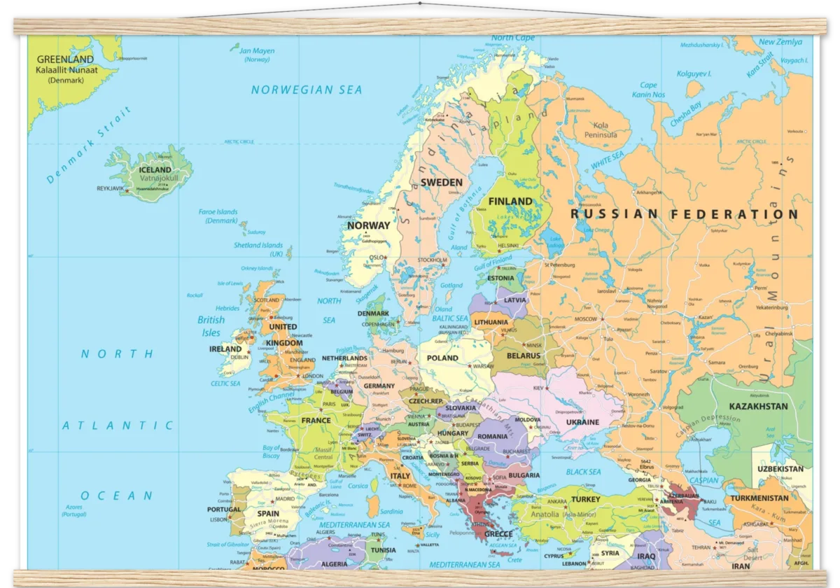 Political map of Europe showing countries, capitals, borders, and major cities. Political map of Europe showing countries, capitals, borders, and major cities.