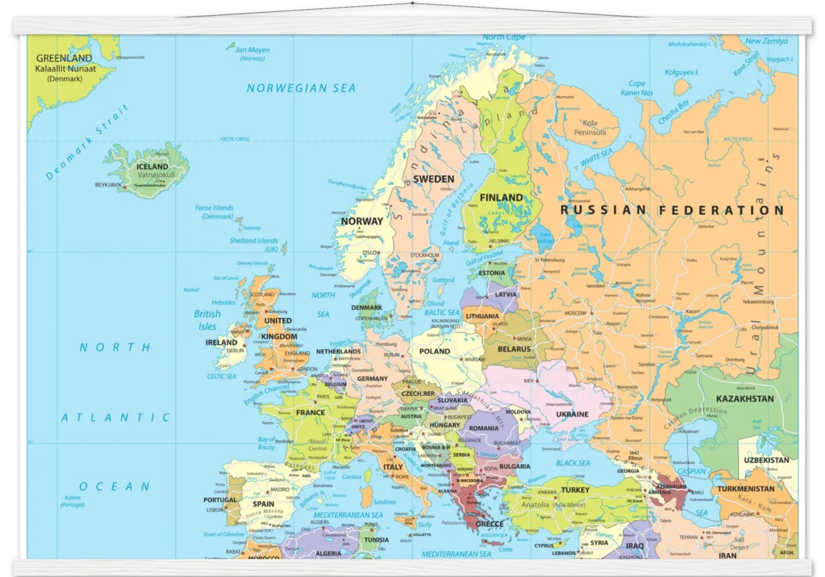 Political map of Europe showing countries, capitals, borders, and major cities. Political map of Europe showing countries, capitals, borders, and major cities.