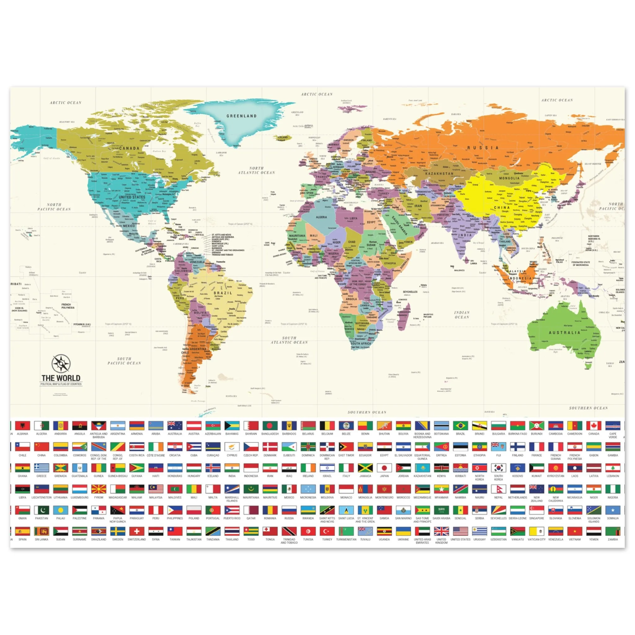 cc74acb2-1881-4e21-832e-65729c0d92d5-jpg.webp A colorful political world map with a grid of national flags arranged at the bottom on a light cream background.