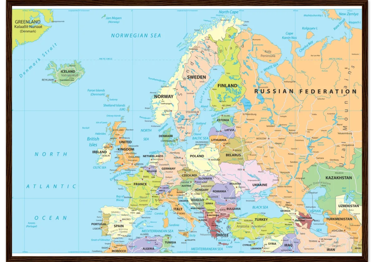 Political map of Europe showing countries, capitals, borders, and major cities. Political map of Europe showing countries, capitals, borders, and major cities.