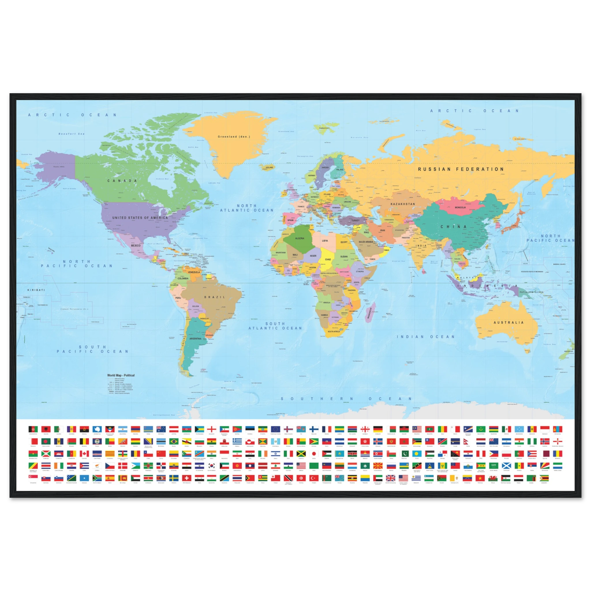 cec36fef-1276-4a40-84bf-ff7fd17347e8.webp A framed, colorful political world map featuring national borders and a grid of international flags at the bottom.