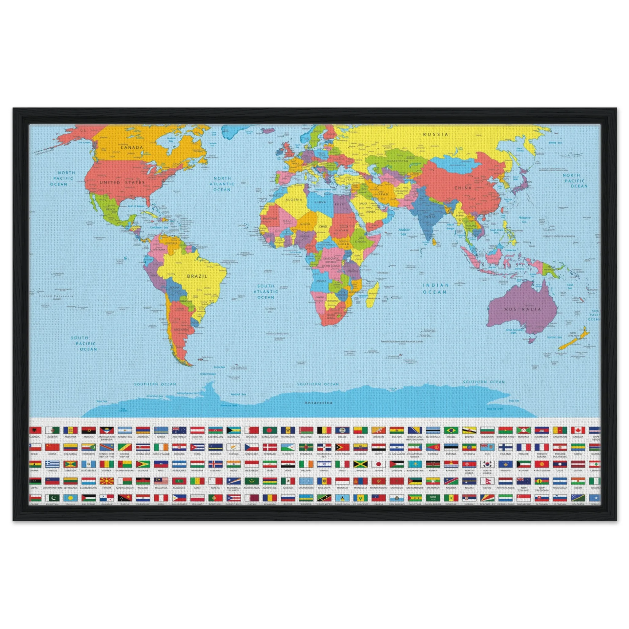 d05e0bfd-7d97-45e0-abd9-de632219d7f8-jpg.webp A framed world political map with colorful countries and a grid of national flags displayed along the bottom edge.