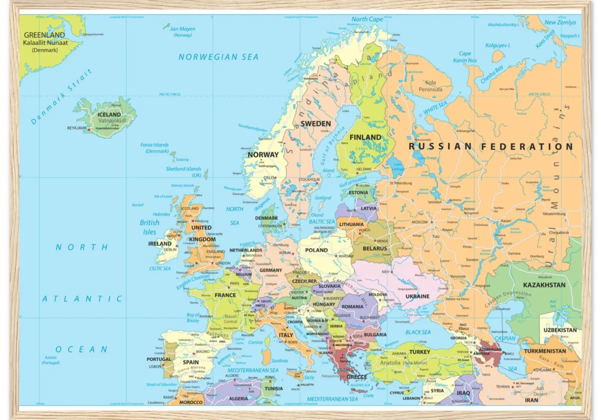 Political map of Europe showing countries, capitals, borders, and major cities. Political map of Europe showing countries, capitals, borders, and major cities.