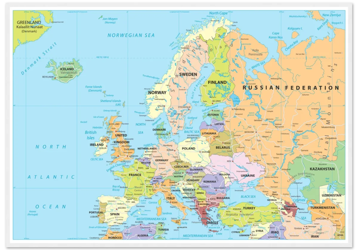 Political map of Europe showing countries, capitals, borders, and major cities. Political map of Europe showing countries, capitals, borders, and major cities.