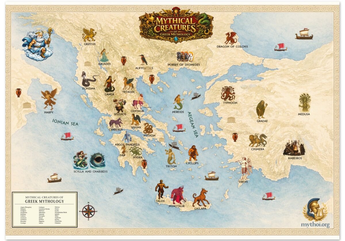 Mythical Creatures of Ancient Greece Map – Illustrated Greek Mythology Wall Art - Fine Art Poster