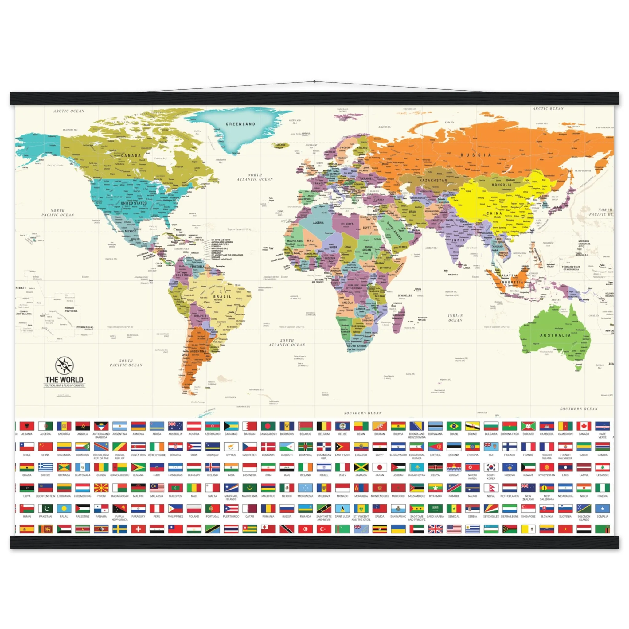 A colorful world political map on matte paper with a black hanger, featuring national flags displayed at the bottom.
