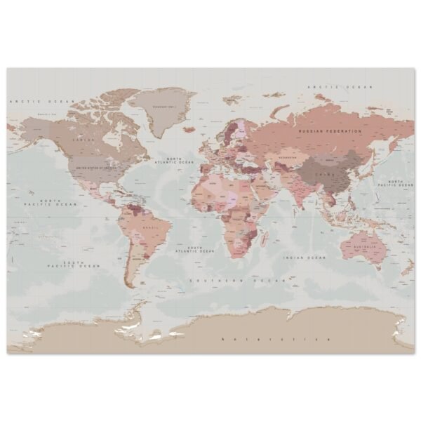 Detailed political world map with country capitals, decorative sea monsters, vintage cartographic artwork, and illustrated sailing ships.