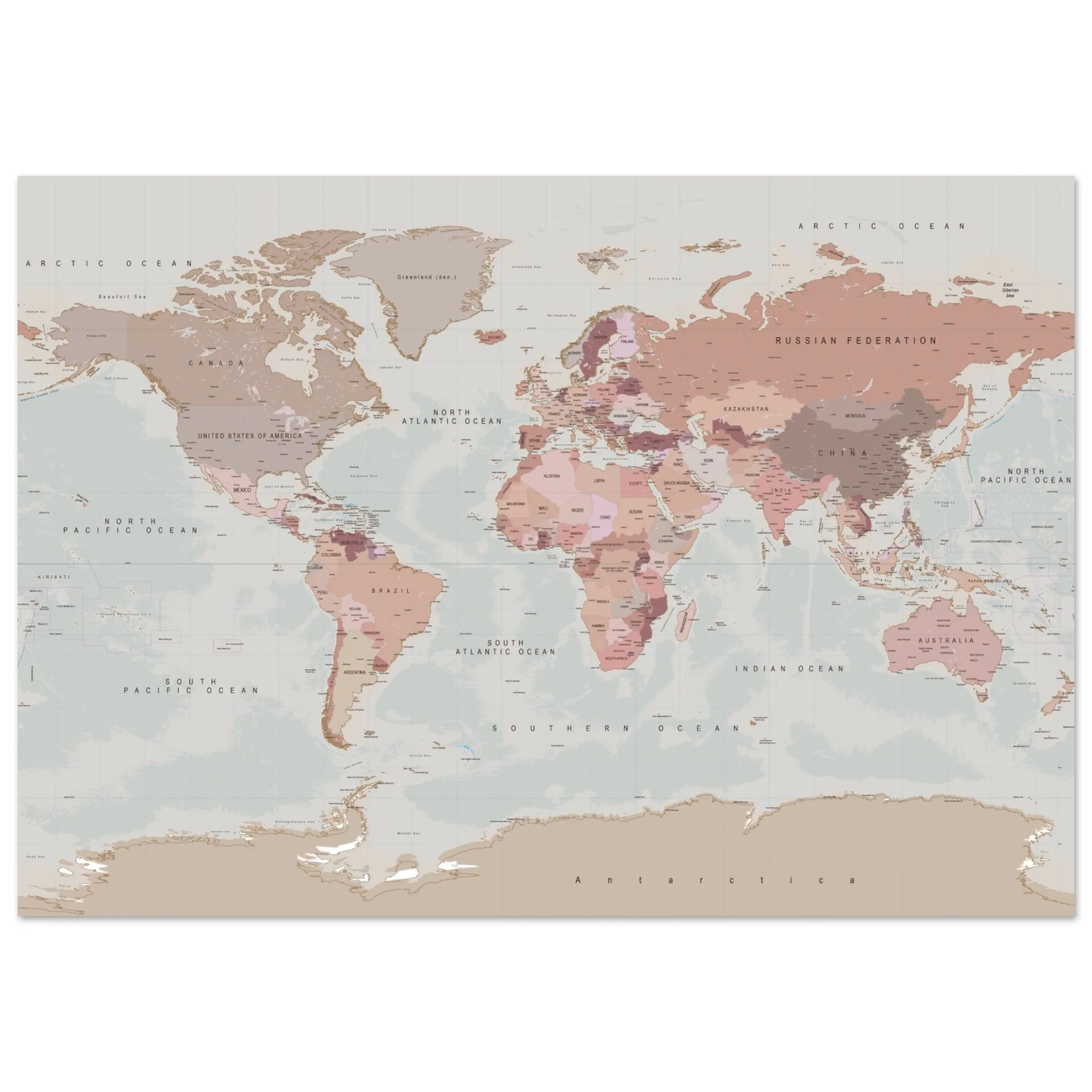 Detailed political world map with country capitals, decorative sea monsters, vintage cartographic artwork, and illustrated sailing ships.