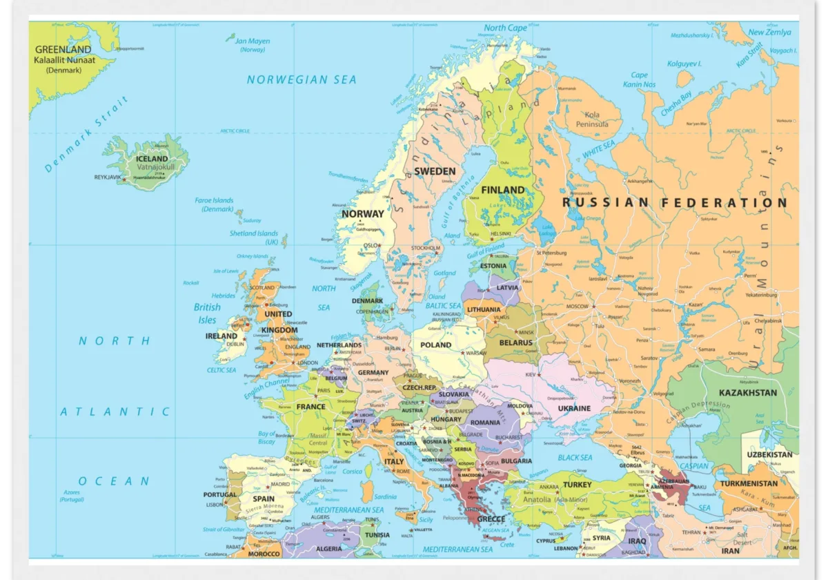 Political map of Europe showing countries, capitals, borders, and major cities. Political map of Europe showing countries, capitals, borders, and major cities.