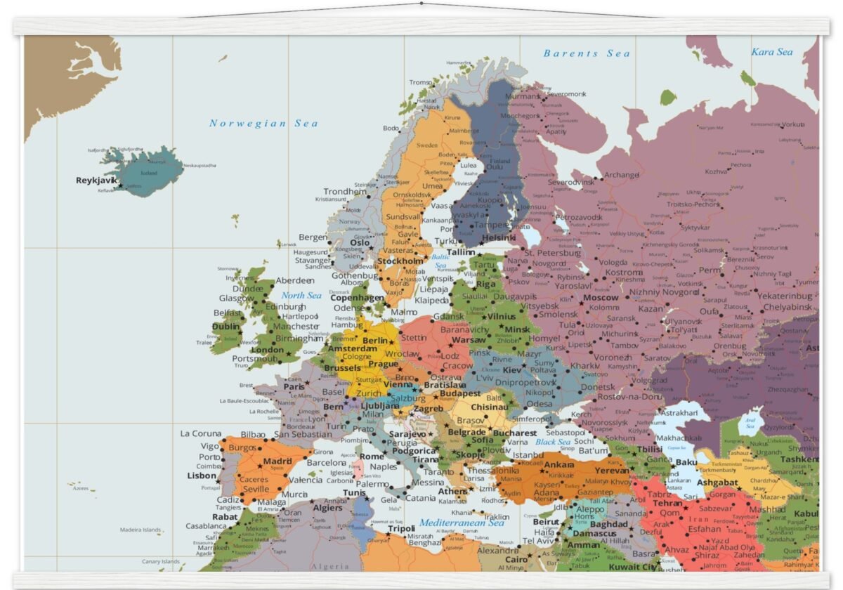 Political map of Europe showing countries, capitals, borders, and major cities.