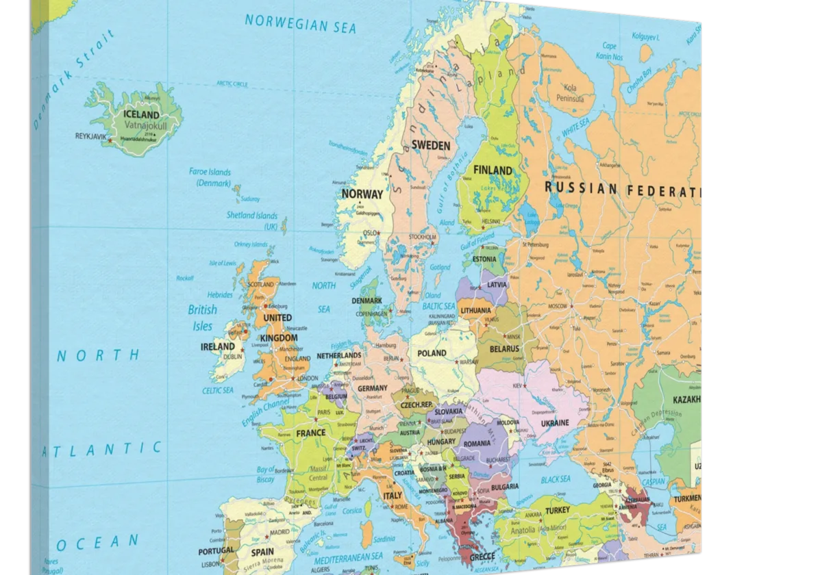Political map of Europe showing countries, capitals, borders, and major cities. Political map of Europe showing countries, capitals, borders, and major cities.